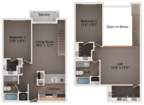 Floor plan for 2 beds, 2 baths, 1182 sqft